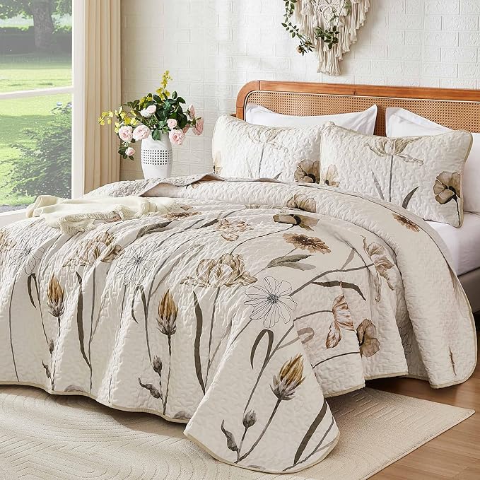 WONGS BEDDING King Floral Quilt Set, Reversible Brown Vintage Coverlet | Soft - Image 2