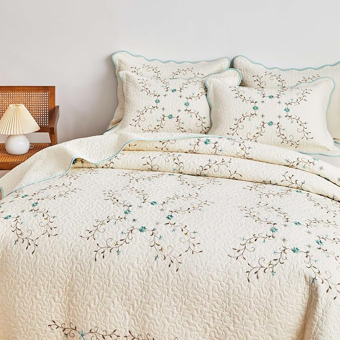 ROOMLIFE Quilt Set King Size 3D Floral Embroidery Pattern 3-Piece Cotton | - Image 9