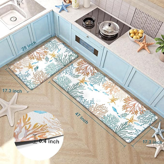 Kitchen Mats for Floor Cushioned Anti Fatigue Sets of 2 Coastal Kitchen Rugs Non Slip Waterproof Nautical Foam Kitchen Floor Rug Beach Theme Coral Fish Comfort Standing Mat for Sink Laundry, Teal