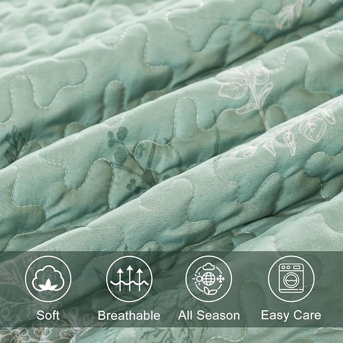 DJY King Size Sage Green Botanical Quilt Set, Floral Bedspread Coverlet | - Image 6