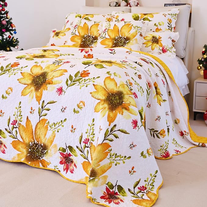 EVENHUG 100% Cotton Quilt Queen Size Yellow Sunflower Bedding Set Floral by EVENHUG