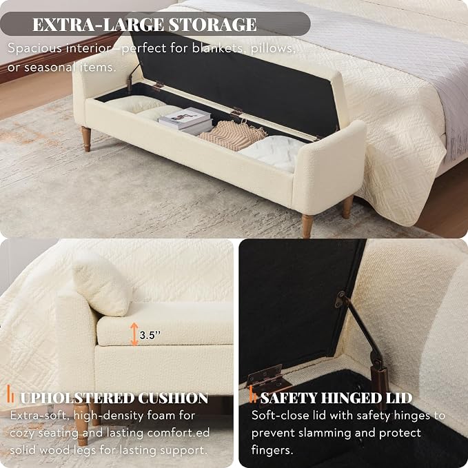 66" End of Bed Storage Bench for Bedroom - Image 3