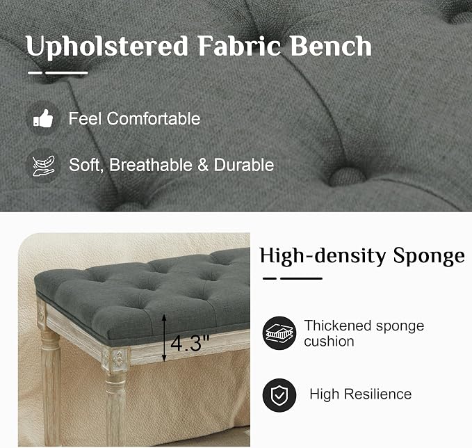 LOULENS 57.7" Linen End of Bed Bench King Size, Dark Grey | French, Upholstered - Image 4