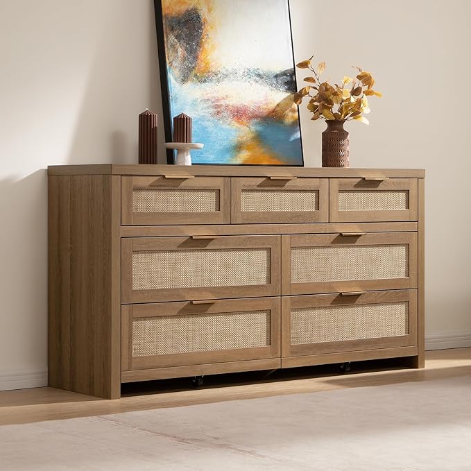 SICOTAS 7 Drawer Dresser for Bedroom, 57" Wide Rattan Dressers, Large Chest of Drawers for Bedroom, Dresser TV Stand, Boho Closet Organizer (Reclaimed Caramel Oak, 7 Drawers (1 pc))