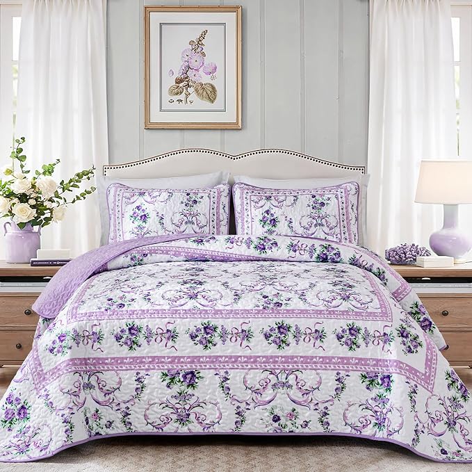 Anibedding Purple Queen Quilt Set, 3 Pieces Floral Pattern Quilts Bedspread | by Anibedding