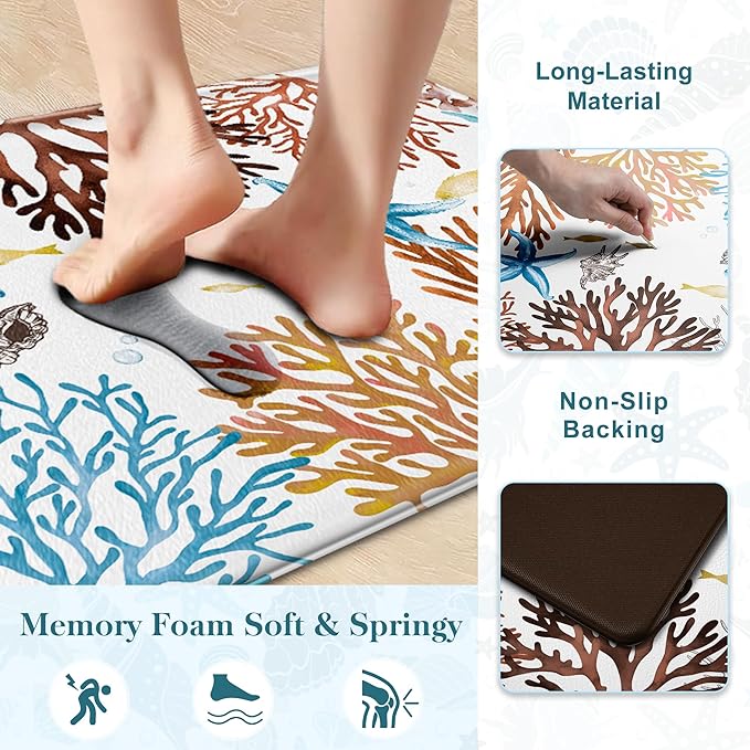 Kitchen Mats for Floor Cushioned Anti Fatigue Sets of 2 Coastal Kitchen Rugs Non Slip Waterproof Nautical Foam Kitchen Floor Rug Beach Theme Coral Fish Comfort Standing Mat for Sink Laundry, Red