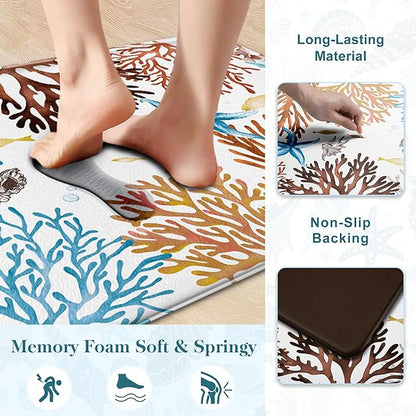 Kitchen Mats for Floor Cushioned Anti Fatigue Sets of 2 Coastal Kitchen Rugs Non Slip Waterproof Nautical Foam Kitchen Floor Rug Beach Theme Coral Fish Comfort Standing Mat for Sink Laundry, Red