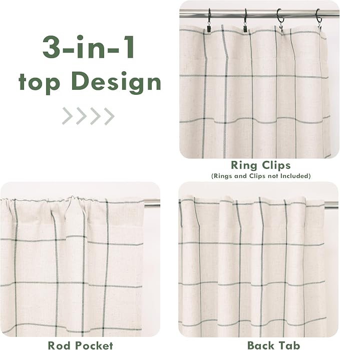DriftAway 100% Blackout Plaid Linen Curtains W52xL96 Loden Green | 100% Blackout - Image 6