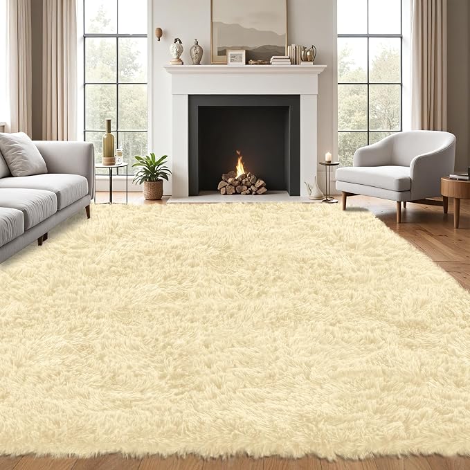 8x10 Area Rug for Living Room, Cream White Fluffy Shag Non-Slip Bedroom Rugs | by Unknown