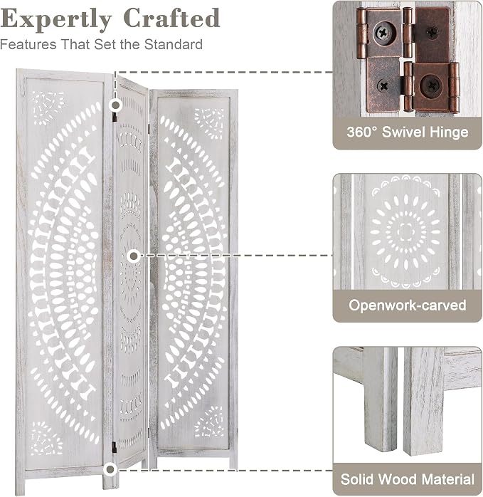 WelFurGeer Handcrafted Carved Wooden Room Divider Screen, Folding Privacy Screen - Image 4