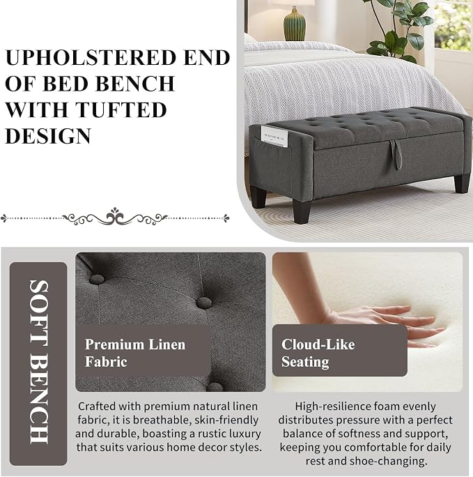Modern Storage Ottoman Bench, Linen Upholstered End of Bed Bench - Image 4