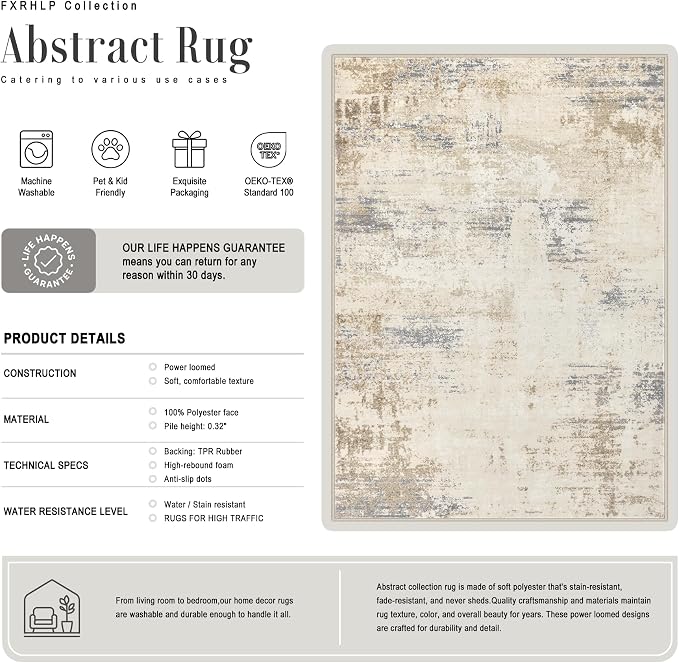 2.6x14 Washable Runner Rug:Modern Abstract Soft Carpet Beige Brown | - Image 3
