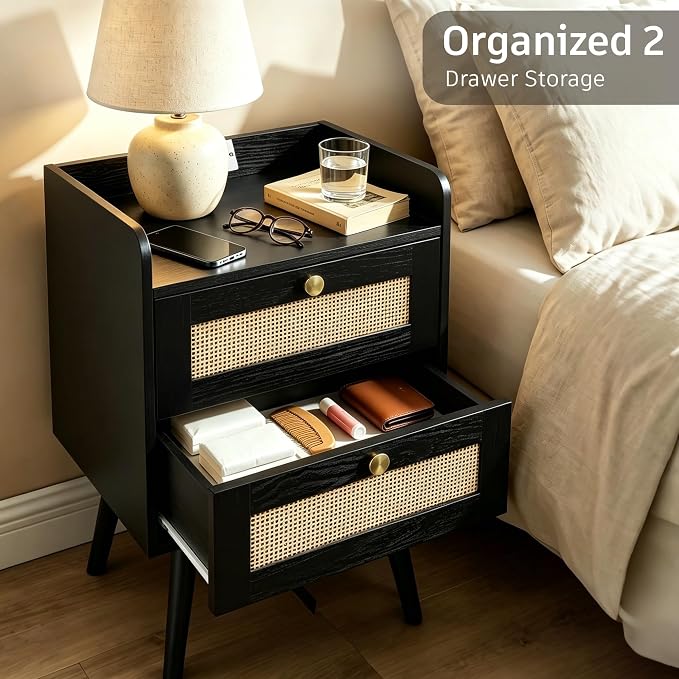 Rattan Nightstands Set of 2, Boho Bedside Table - Image 5