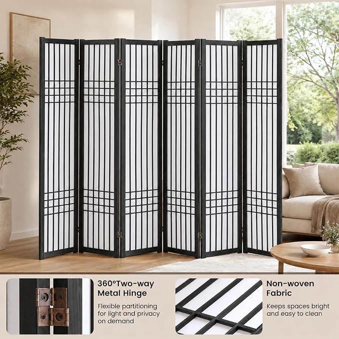 6 Panel Room Divider, 66.9" Tall Folding Privacy Screen, Pine Wood Frame Design - Image 3