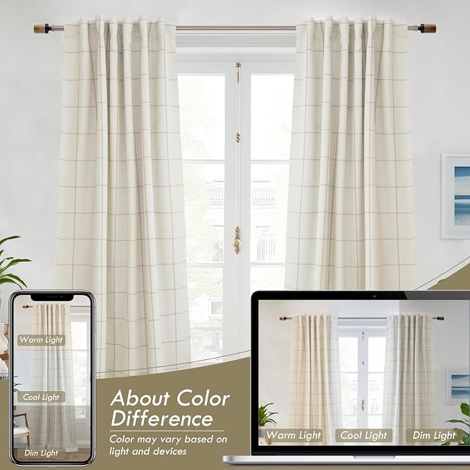 DriftAway 100% Blackout Plaid Linen Curtains 102 Inches Long 2 Panels Taupe | - Image 9