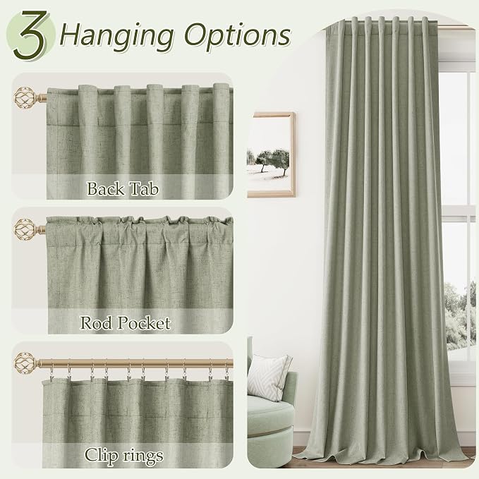 Sage Green 100% Blackout Linen Curtains 108 Inch Length 2 Panels Set - Image 6