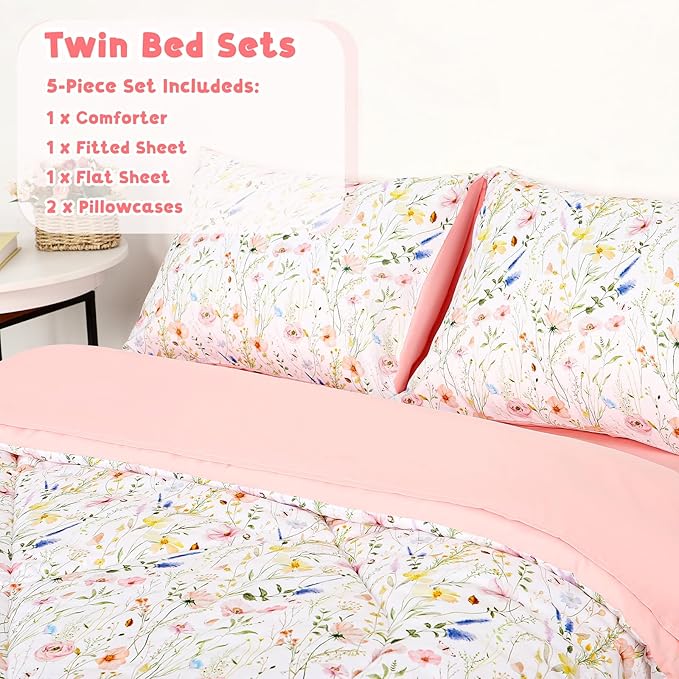 Twin Size Toddler Bedding Set for Girls- 5 Piece Toddler Girl Bedding, Super Soft & Lightweight Toddler Comforter Set Includes Comforter, Flat Sheet, Fitted Sheet, Pillowcase (Pink Flowers)