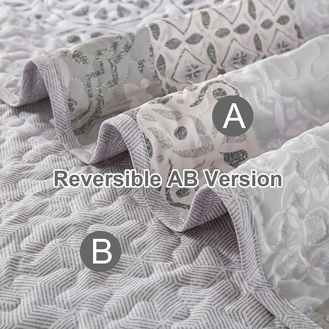 Dobuyly Queen Size Quilt Set Boho Grey Beige Plaid Patchwork Bedspreads - Image 4