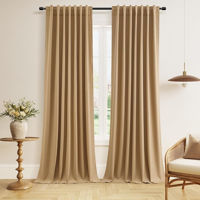 Camel Brown 100% Blackout Linen Curtains 90 Inch Length 2 Panels Set by Guken