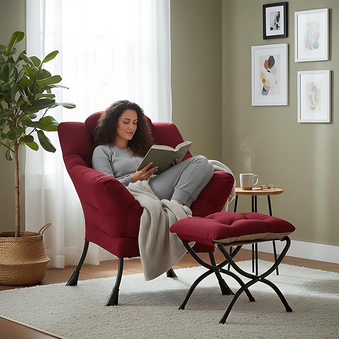Welnow Lazy Chair with Ottoman, Reading Chair with Footrest, Burgundy | A Side - Image 8