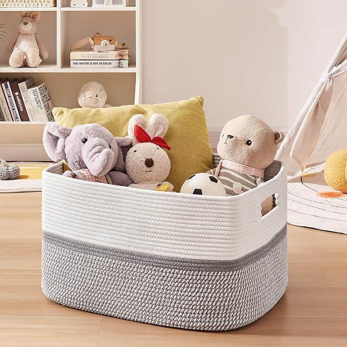 OIAHOMY Blanket Basket Laundry Basket Dog Toy Basket 75L Grey/White | Large - Image 5