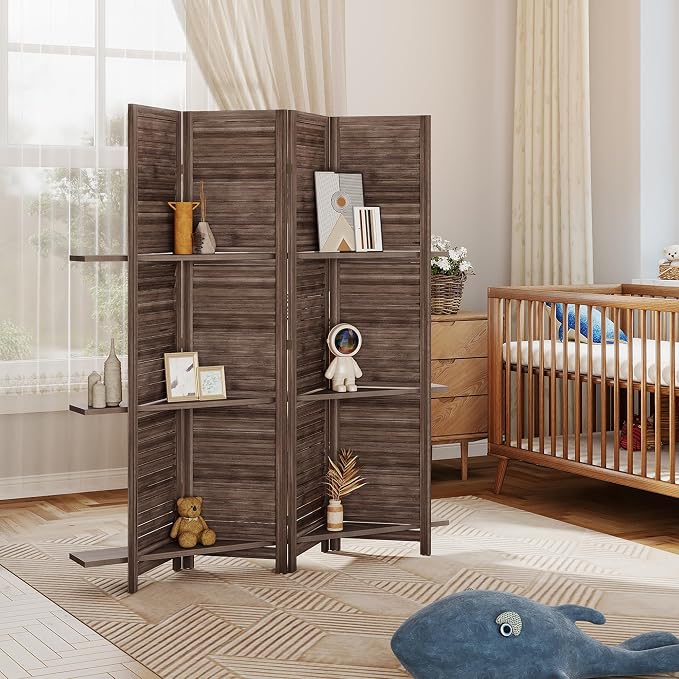 HOMCOM Room Divider with Shelves, 4 Panel, Walnut | Wood Privacy Screen - Image 9