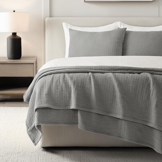 EVERGRACEHOME Cotton Gauze Matelassé Coverlet, Queen Size, Fog Gray | Ultra - Image 7
