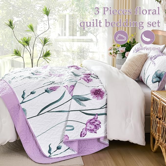 WONGS BEDDING Purple Queen Quilt Set, 3 Pieces Light Purple Floral Bedspread - Image 4