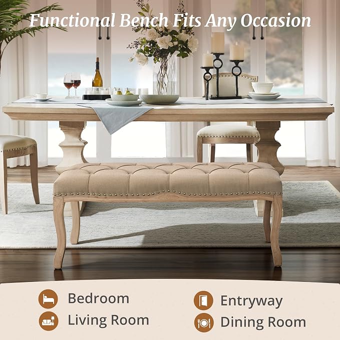 Bedroom Bench, French Vintage Tufted Entryway Bench, 45.2" Carving Upholstered - Image 6