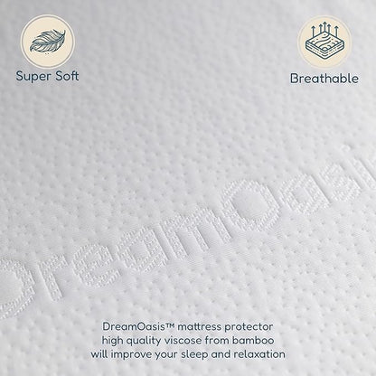 DreamOasis Waterproof Mattress Protector Queen Size - Premium Bamboo Viscose, Super Soft, Breathable, Machine Washable, Noiseless Bed Mattress Cover - White