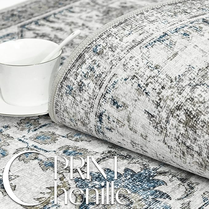 jinchan Kalen Runner Rug 3x7 Washable Hallway Rug Vintage Indoor Thin Retro Floor Cover Distressed Floral Country Lightweight Non Slip Carpet for Entryway Bathroom Bedroom Living Room Stairway Blue