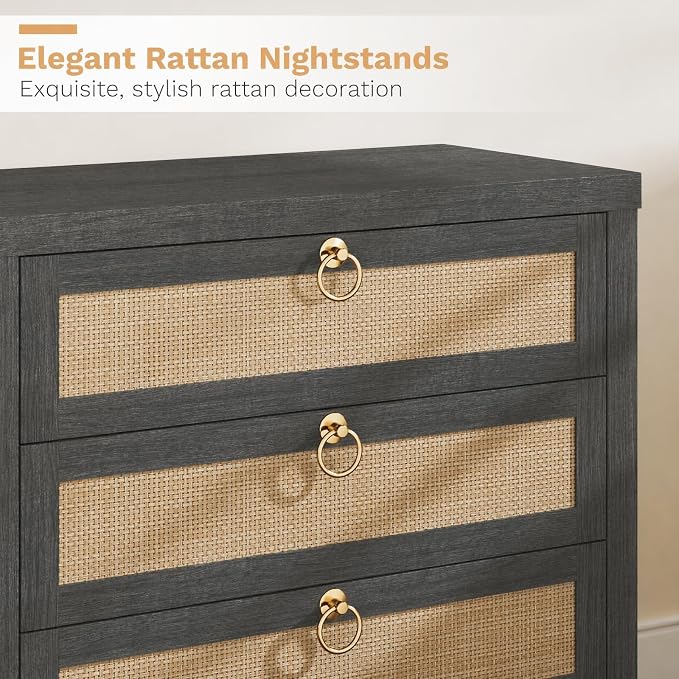 Eclatara Large Rattan Night Stand Set of 2 Boho Nightstand - Image 3