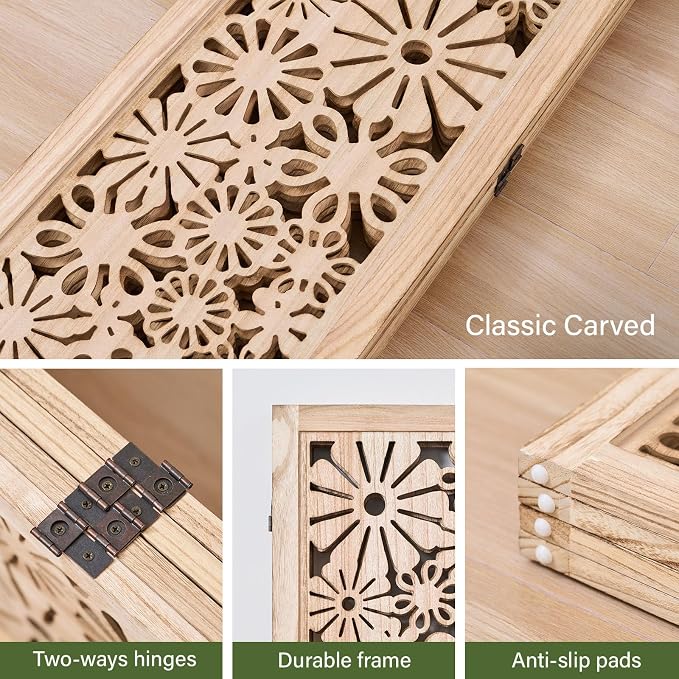 Folding Wood Room Divider Panel, 67 Inch Tall Daisy-Carved Privacy Screen - Image 2