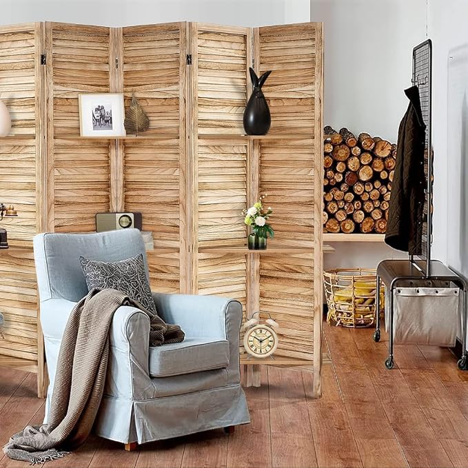 Room Divider with Shelves, 5 Panel Natural Privacy Screen | Partition Room - Image 8