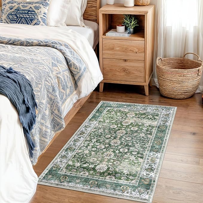 KUTA Vintage Floral Green Entryway Rug 2x3, Kitchen Rugs Non-Slip Washable Throw Rug, Ultra Thin Soft Print Front Door Mat Indoor Doormat for Entrance, Bedside, or Small Spaces