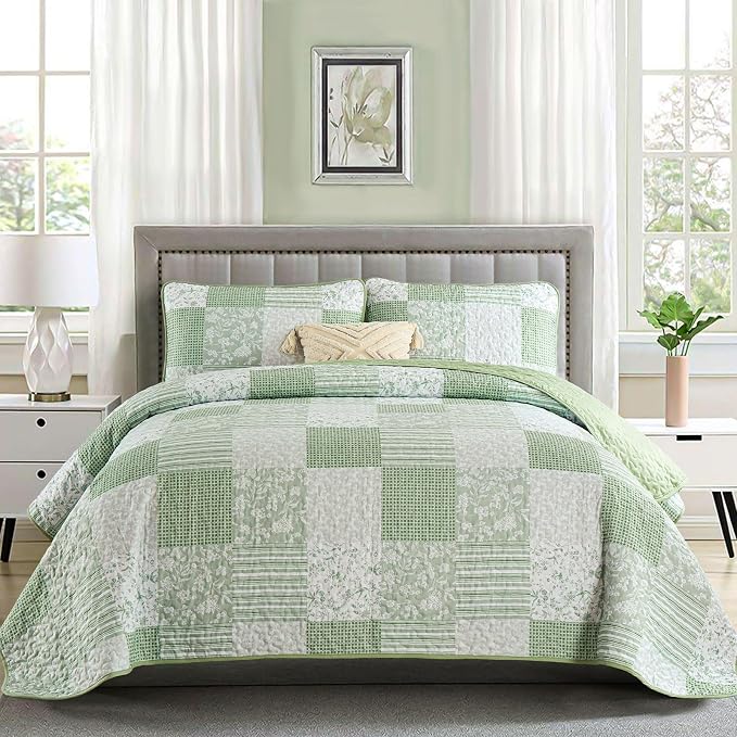 Mybedsoul Light Green Quilt Set Queen Size, 3 Pieces Plaid Floral Bedspread Set by Mybedsoul