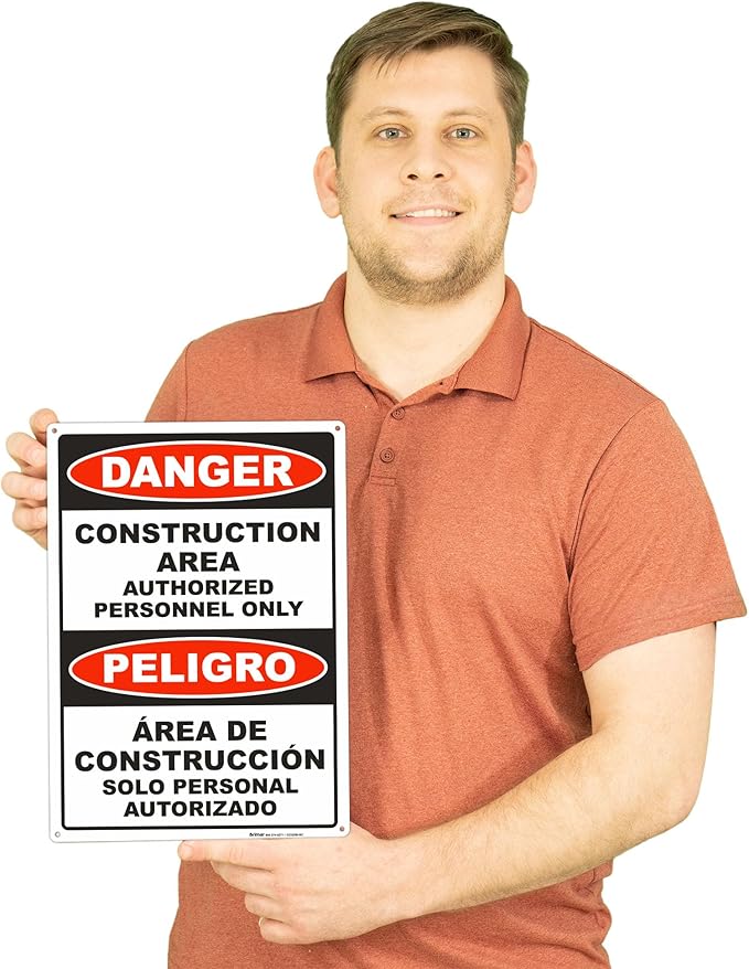 Brimar - 10" x 14" - Bilingual Danger Construction Area Authorized Only Sign - .040″ Rust-Free Aluminum - Bold Text - Easy Installation