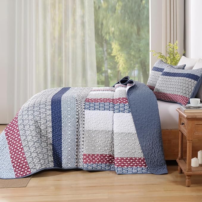WONGS BEDDING Boho Quilt King Size, Patchwork Bedding Set, 3 Pieces Plaid - Image 3