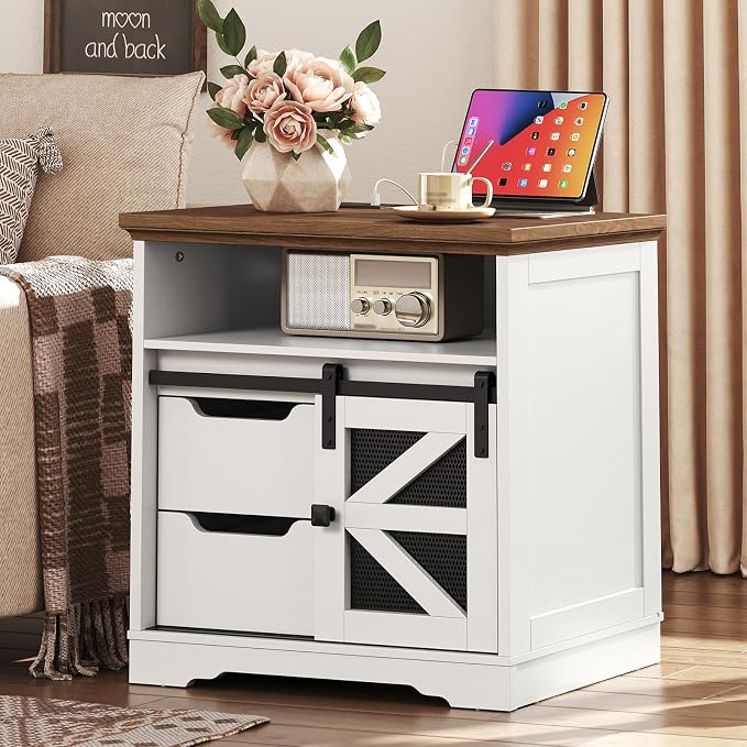 Farmhouse End Table with Charging Station, Sofa Side Table with 2 Drawers and by RALGEND