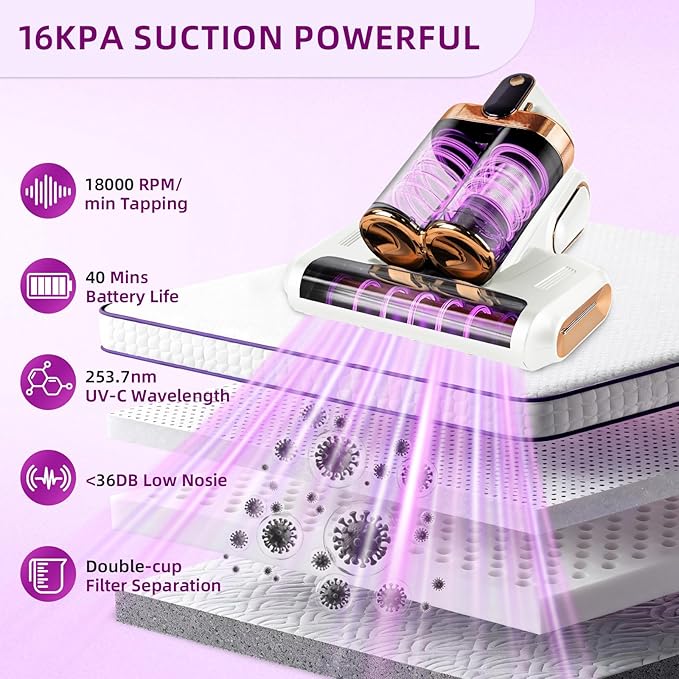 BESTING Mattress Vacuum Cordless with 16Kpa Suction & HEPA Dust Cups, 253.7nm UV-C Light & Ultrasonic, Low Noise Widened Suction Port Handheld Vacuum for Bed Pillows Couch Car Seat Rugs, Pearl White