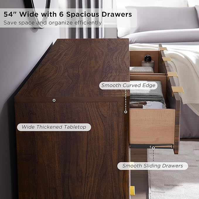 T4TREAM Fluted 6 Drawers Dresser, 54" Wide Modern Chest of Drawers, Curved Profile Design, Dresser TV Stand, Wood Drawer Organizer for Bedroom, Living Room, Hallway, Dark Walnut
