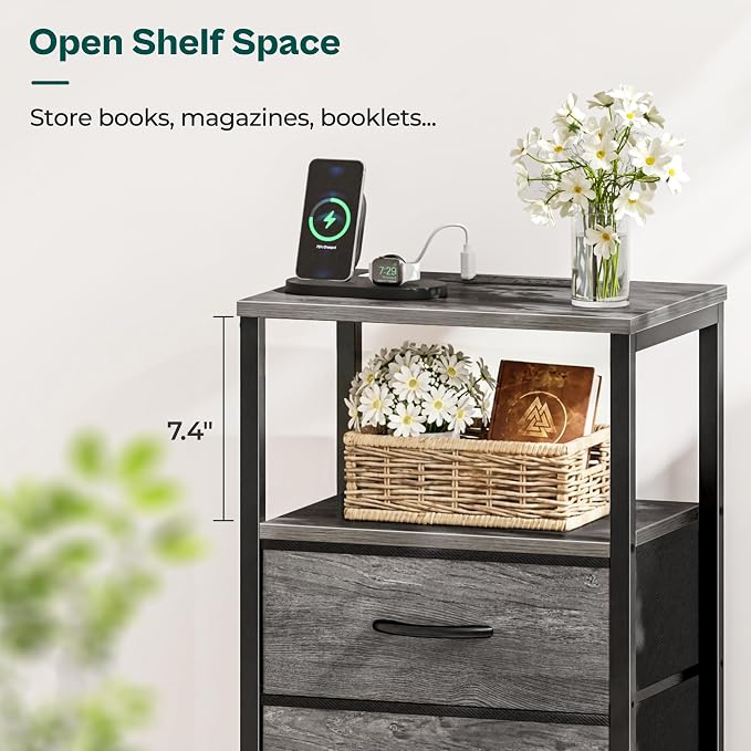 Huuger Nightstand with Charging Station, Side Table with Fabric Drawers | End - Image 8
