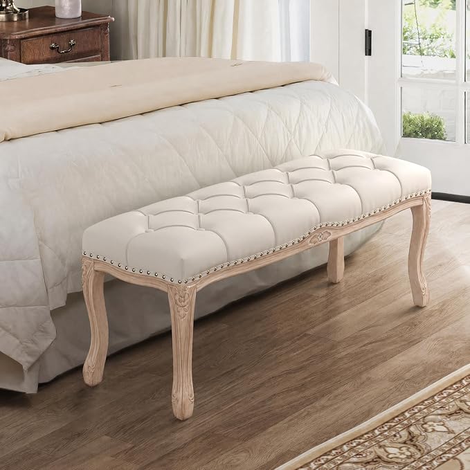 Bedroom Bench, French Vintage Tufted Entryway Bench, 45.2" Carving Upholstered - Image 2