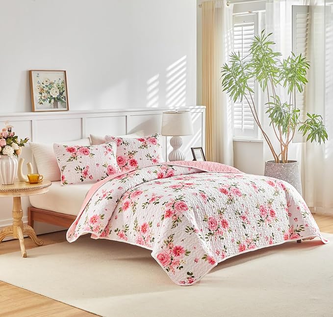 UOZZI BEDDING Pink White Floral Quilt Set 3 Pieces Queen Size Pink Flower Soft - Image 4
