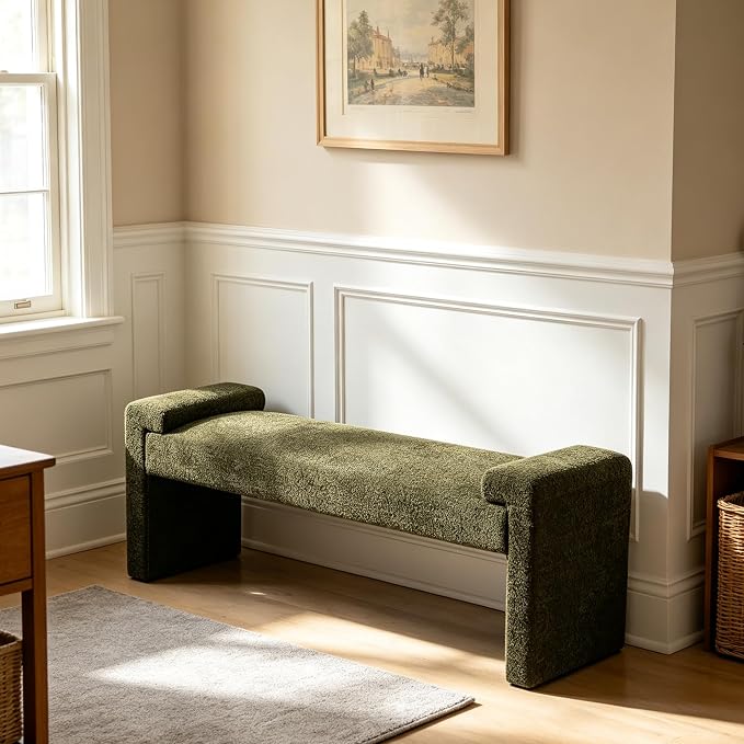 Upholstered Entryway Bench, 58.7" Modern Bedroom Bench, Curved Armrests - Image 3