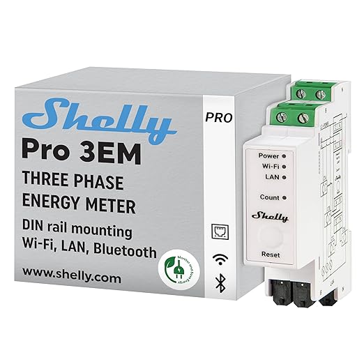 Shelly Pro 3EM (400A) | Wi-Fi & LAN, 3-Phase Smart Energy Meter | 2-Way Consumption | Home Automation | Bluetooth Gateway | Compatible with Alexa & Google Home | No Hub Required | Solar Panels