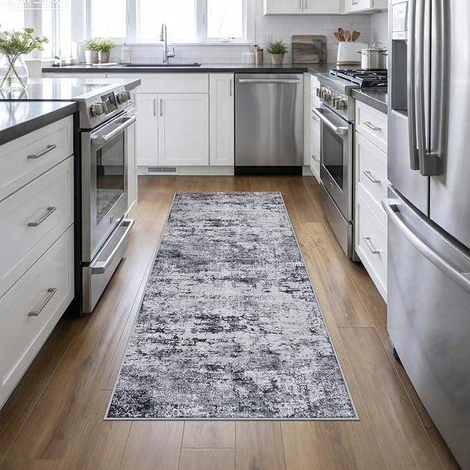 3x8 Washable Runner Rug：Modern Abstract Kitchen Soft Carpet Grey | by FXRHLP