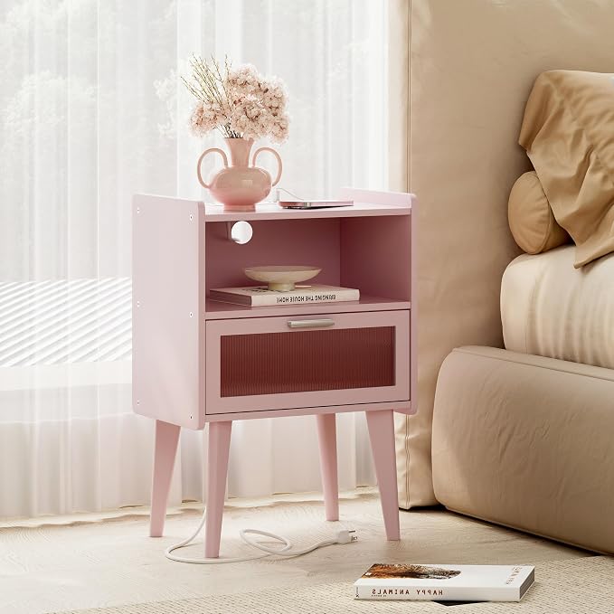MMEOLUOOK Nightstand with Charging Station, Bedside Tables Pink End Table Side - Image 7