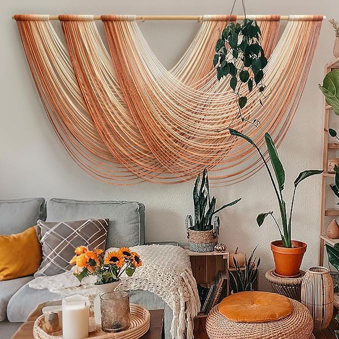 Macrame Wall Hanging Orange Boho Fiber Art Large Decor 57"W*31"L | Boho Wall - Image 2