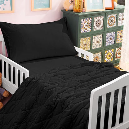 NTBAY Toddler Bedding Set - 4 Piece Soft and Breathable Crib Bedding Set for Boys and Girls, Includes Quilted Comforter, Fitted Sheet, Flat Top Sheet and Envelope Pillowcase, Black